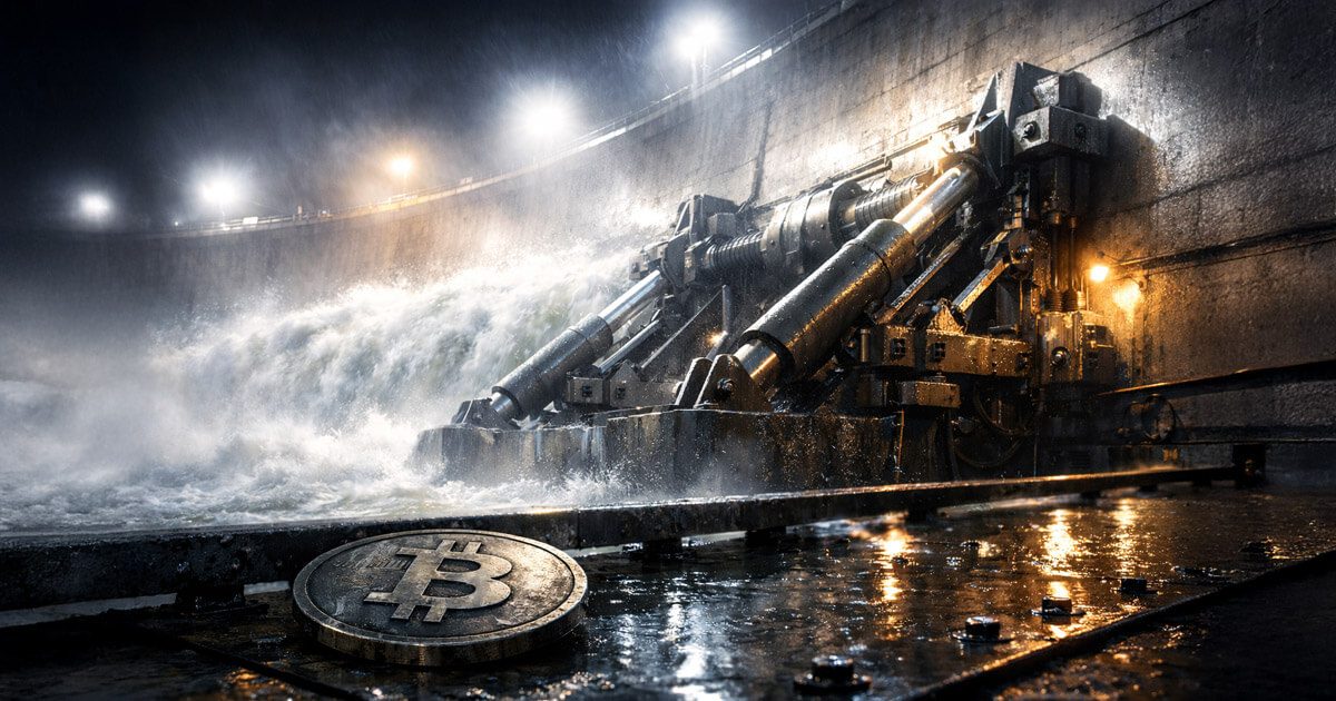 Bitcoin coin rests before a roaring dam with heavy machinery holding back water, symbolizing surging Bitcoin demand as dealers mechanically suppress price before a breakout level