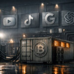 A Bitcoin mining container glows beside industrial power lines while icons for social media, streaming and AI loom overhead, highlighting Bitcoin’s lower energy footprint