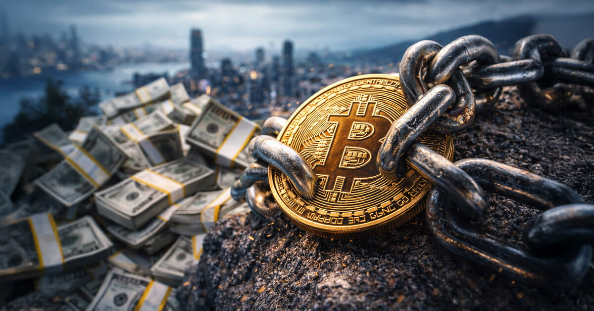 A chained Bitcoin coin sits on rocky ground beside piles of dollar bills overlooking a city, symbolizing heavy ETF inflows constrained by a limiting market wrapper.