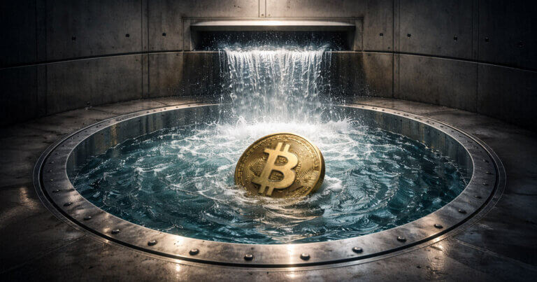 Bitcoin coin surges in a powerful water spillway, symbolizing record $754M ETF inflows driving BTC toward $100K as $600M in bearish positions are wiped out