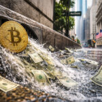 Bitcoin coin at the end of a pipe spilling cash into rushing water, symbolizing $1 billion Bitcoin ETF outflows wiping out early market momentum