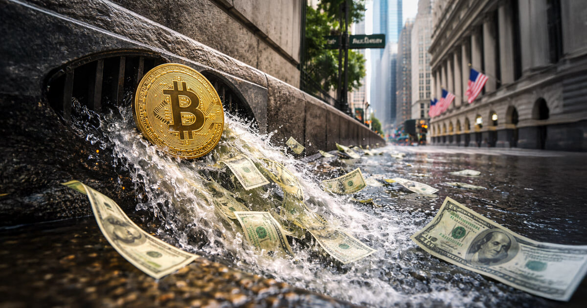 Bitcoin coin at the end of a pipe spilling cash into rushing water, symbolizing $1 billion Bitcoin ETF outflows wiping out early market momentum