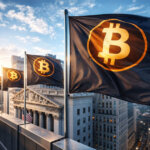 Bitcoin flags wave above a financial district at sunrise, symbolizing two years of Bitcoin ETF growth and the asset’s rising integration into traditional markets.