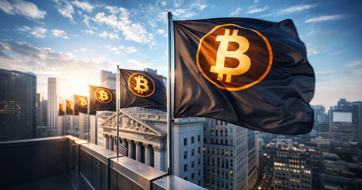 Bitcoin flags wave above a financial district at sunrise, symbolizing two years of Bitcoin ETF growth and the asset’s rising integration into traditional markets.
