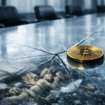 Bitcoin coin on a cracked boardroom table above shattered figures, reflecting whipsaw risk as $55B in fallen angel debt grows while credit spreads remain tight