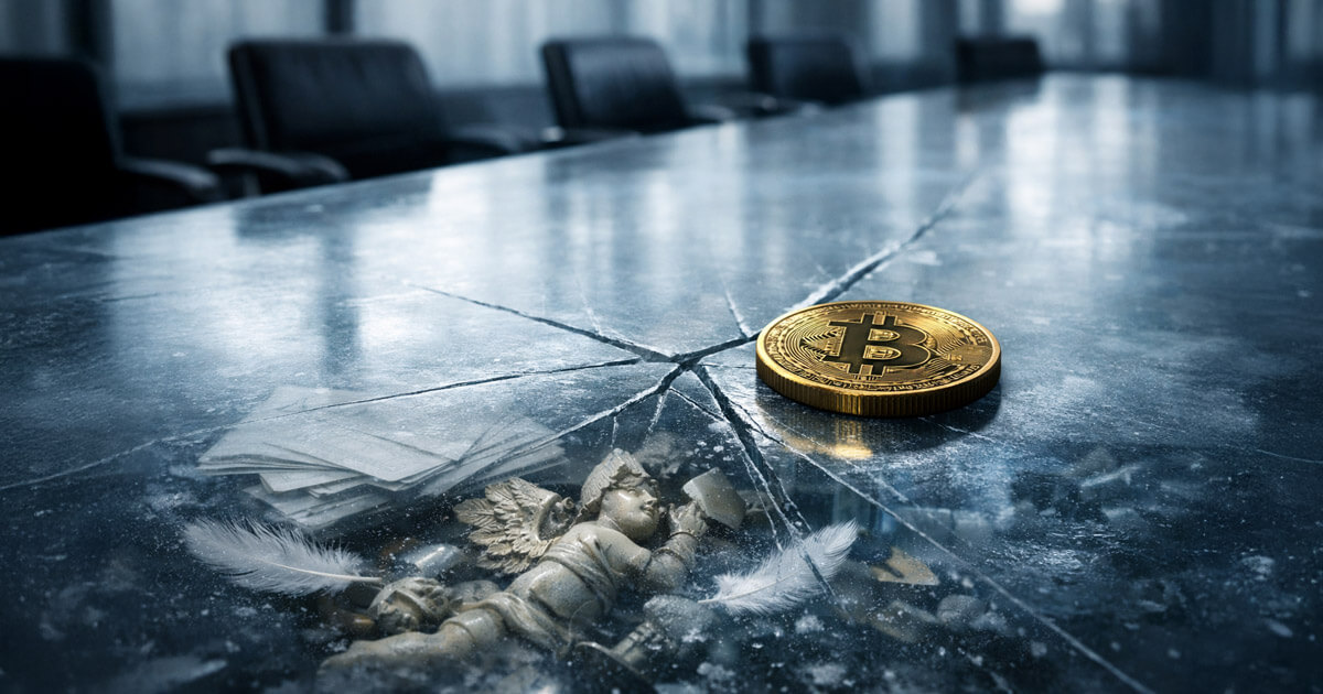 Bitcoin coin on a cracked boardroom table above shattered figures, reflecting whipsaw risk as $55B in fallen angel debt grows while credit spreads remain tight