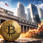 A Bitcoin coin sits in front of a major U.S. financial building as volatile market candles rise behind it, reflecting debates over repo spikes, systemic risk, and crypto liquidity.
