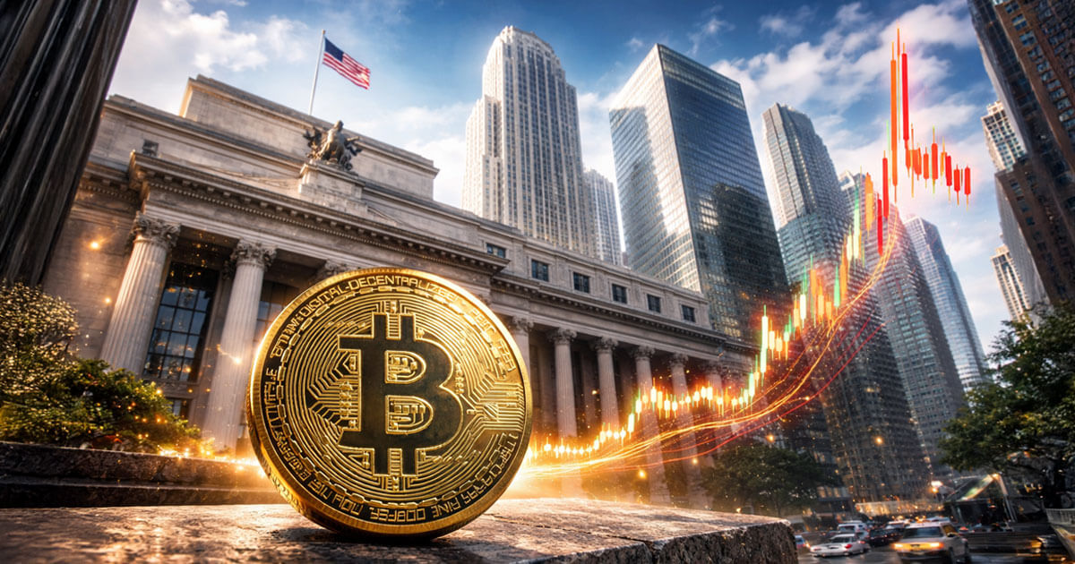 A Bitcoin coin sits in front of a major U.S. financial building as volatile market candles rise behind it, reflecting debates over repo spikes, systemic risk, and crypto liquidity.