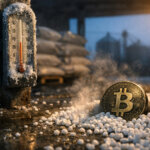 Frosted thermometer beside a steaming Bitcoin coin amid fertilizer pellets in a cold warehouse, symbolizing a 17% fertilizer surge that risks reversing cooling inflation signals