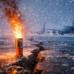 A burning Bitcoin flare stands in a cracked, snow-covered runway as planes loom in the background, symbolizing Bitcoin as a last lifeline amid doubts over the US-led world order