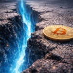 A glowing fissure in cracked ground beside a gold Bitcoin coin, symbolizing the return of CME gaps and their growing significance beyond simple chart memes.