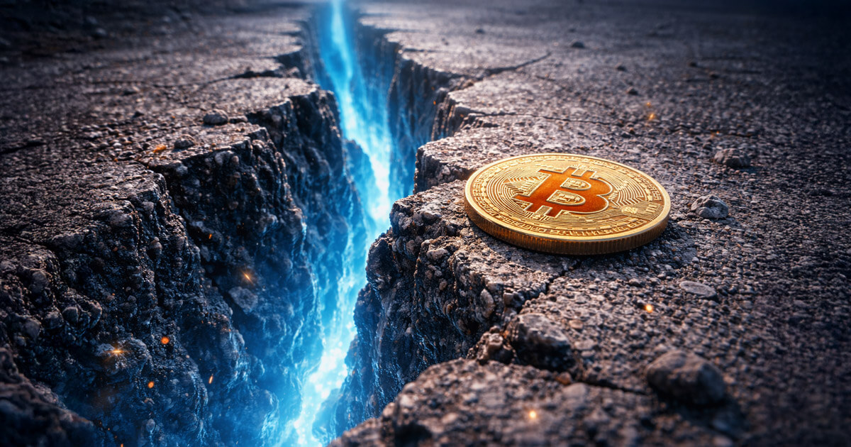 A glowing fissure in cracked ground beside a gold Bitcoin coin, symbolizing the return of CME gaps and their growing significance beyond simple chart memes.
