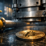 Bitcoin coin sits beneath an industrial press beside gas pipes, showing how market structure and liquidity—not fuel costs—could transmit today’s gas shock to BTC prices