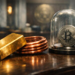 A gold bar and copper coil sit beside a Bitcoin sealed under glass, symbolizing metals leading expectations on Fed policy and raising the question of whether Bitcoin will follow next