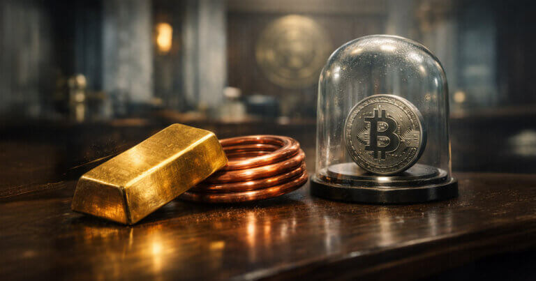 A gold bar and copper coil sit beside a Bitcoin sealed under glass, symbolizing metals leading expectations on Fed policy and raising the question of whether Bitcoin will follow next