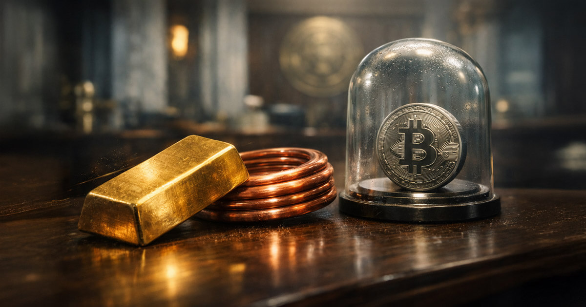 A gold bar and copper coil sit beside a Bitcoin sealed under glass, symbolizing metals leading expectations on Fed policy and raising the question of whether Bitcoin will follow next