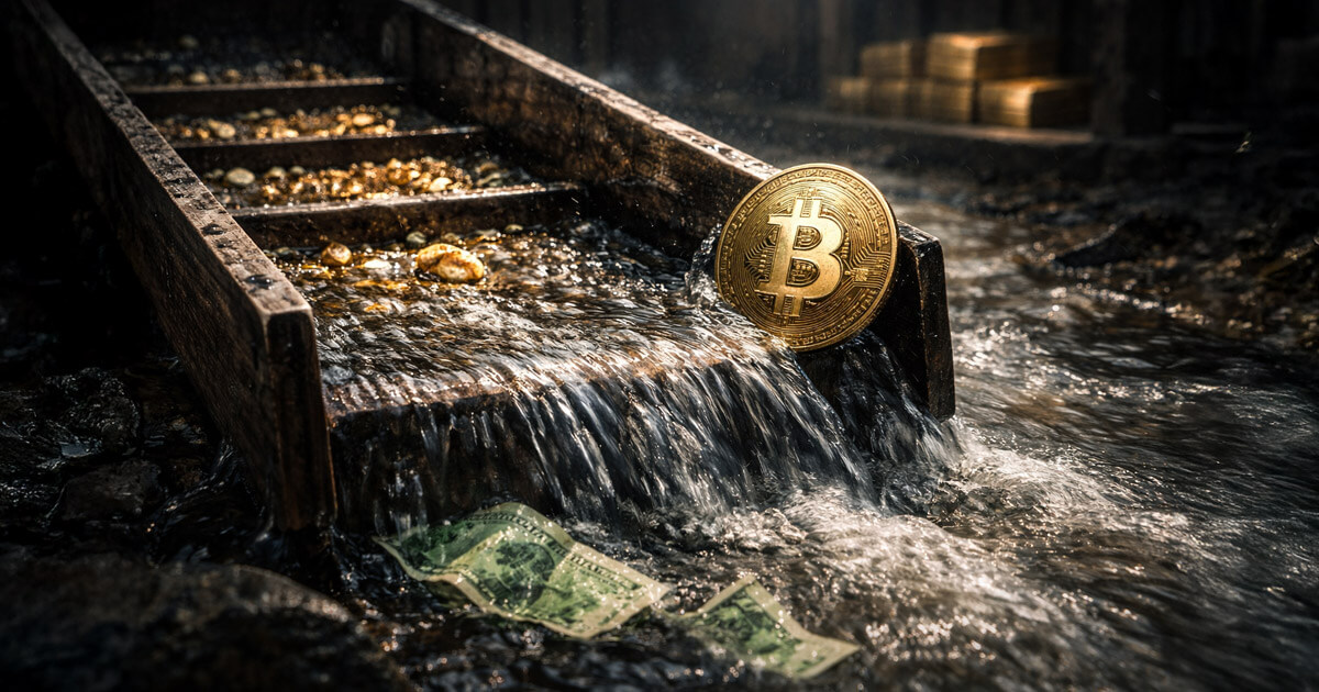Bitcoin coin caught at the edge of a rushing stream with gold nuggets and sinking dollar bills, illustrating the debate over Bitcoin following gold or falling into risk-off after a dollar plunge