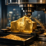 A CNC machine shaves gold from a Bitcoin ingot, symbolizing BlackRock’s IBIT call-selling strategy that generates income while giving up Bitcoin’s strongest upside days