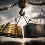 Gold bars and a Bitcoin-marked crate hang from a crane over a stormy port, symbolizing Bitcoin priced in gold hitting a rare tension point as one asset prepares to break
