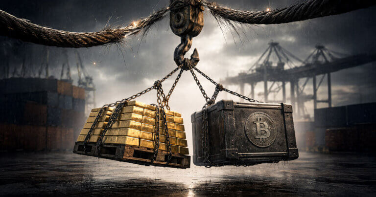 Gold bars and a Bitcoin-marked crate hang from a crane over a stormy port, symbolizing Bitcoin priced in gold hitting a rare tension point as one asset prepares to break