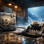 Frozen shipping crate stamped with a Bitcoin emblem tethered to a steel trap in an icy warehouse, symbolizing Trump’s Greenland trade shock and looming Bitcoin liquidation risk