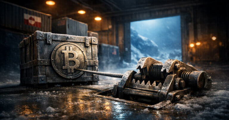 Frozen shipping crate stamped with a Bitcoin emblem tethered to a steel trap in an icy warehouse, symbolizing Trump’s Greenland trade shock and looming Bitcoin liquidation risk