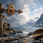 A wooden Bitcoin signpost points across stormy mountains as gold spills into water, reflecting Bitcoin trading like high-beta macro amid tariff reversals