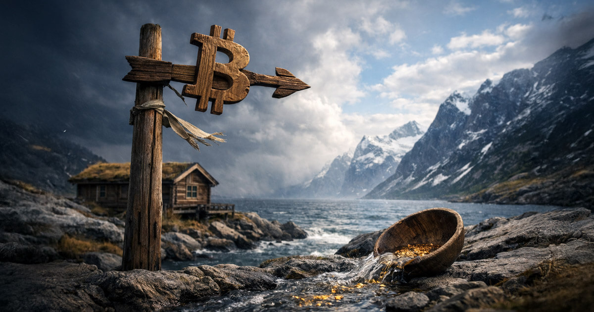 A wooden Bitcoin signpost points across stormy mountains as gold spills into water, reflecting Bitcoin trading like high-beta macro amid tariff reversals