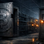 Dark Bitcoin mining facility with idle rigs behind a heavy vault door, symbolizing a sharp hashrate drop and weakened network security after a US pool loses 30% power