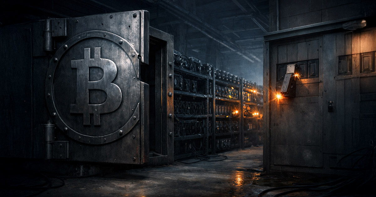 Dark Bitcoin mining facility with idle rigs behind a heavy vault door, symbolizing a sharp hashrate drop and weakened network security after a US pool loses 30% power
