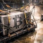 A heavy Bitcoin block strapped with cables and anchors on a factory floor symbolizes large BTC options positioning, hedging strategies, and sticky yield trades outweighing futures open interest