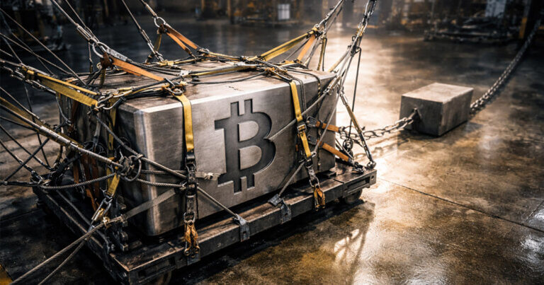 A heavy Bitcoin block strapped with cables and anchors on a factory floor symbolizes large BTC options positioning, hedging strategies, and sticky yield trades outweighing futures open interest