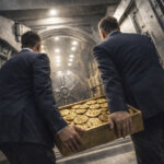 Institutional investors carry a Bitcoin-branded gold bar toward a secure vault, symbolizing increased Bitcoin ETF exposure in late 2025 despite falling prices
