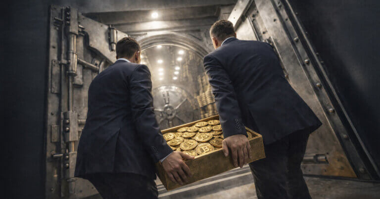 Institutional investors carry a Bitcoin-branded gold bar toward a secure vault, symbolizing increased Bitcoin ETF exposure in late 2025 despite falling prices