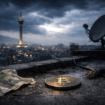 A Bitcoin rests beside a devalued Iranian rial note overlooking Tehran’s skyline, symbolizing how currency collapse drives interest in Bitcoin’s limits and potential as money