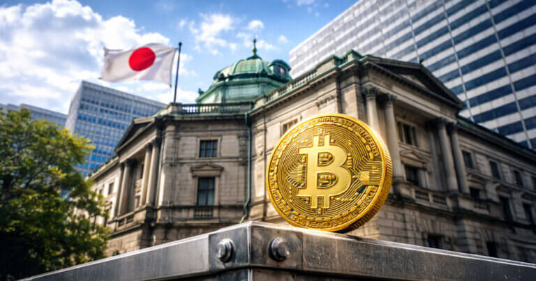 A Bitcoin coin stands outside the Bank of Japan with the Japanese flag above, highlighting concerns over liquidity as Japan’s 30-year bond yield hits a historic high.