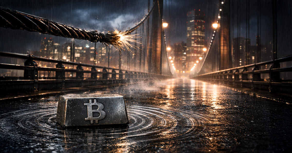 A Bitcoin block sits on a rain-soaked bridge as a fraying cable sparks overhead, capturing crypto caught in the blast radius of Japan’s 30-year bond market stress