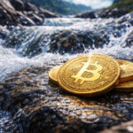 Bitcoin coins resting on wet river rocks with flowing water, symbolizing early signs of liquidity returning to the market in 2026 and its potential impact on price.