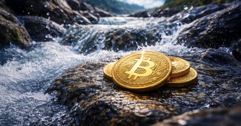 Bitcoin coins resting on wet river rocks with flowing water, symbolizing early signs of liquidity returning to the market in 2026 and its potential impact on price.