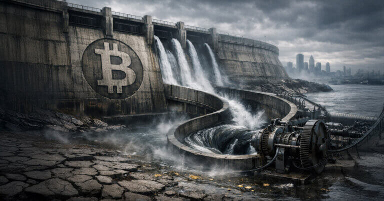 racked concrete dam stamped with a Bitcoin symbol releases surging water into turbines, visualizing evaporating liquidity and a Wall Street feedback loop threatening gains