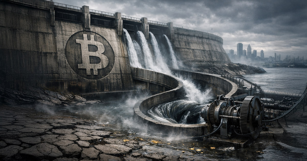 racked concrete dam stamped with a Bitcoin symbol releases surging water into turbines, visualizing evaporating liquidity and a Wall Street feedback loop threatening gains