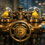 Two calm canaries in glass domes atop a Bitcoin valve, symbolizing steady macro signals as liquidity conditions and ETF flows guide Bitcoin’s next move