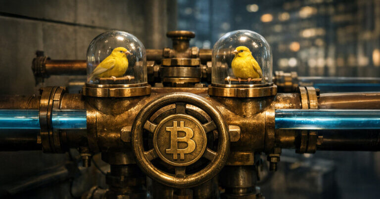Two calm canaries in glass domes atop a Bitcoin valve, symbolizing steady macro signals as liquidity conditions and ETF flows guide Bitcoin’s next move