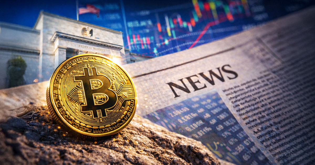 A Bitcoin coin in front of the Federal Reserve building and financial news pages, symbolizing why strong macro headlines are failing to boost Bitcoin’s price momentum.