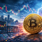 Bitcoin coin in a stormy market scene with flashing charts and lightning, symbolizing key macro events today that could trigger sharp volatility in BTC prices