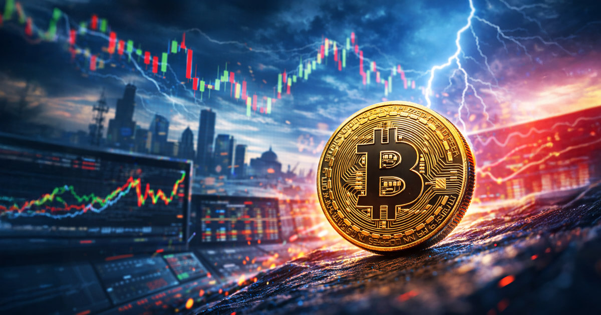 Bitcoin coin in a stormy market scene with flashing charts and lightning, symbolizing key macro events today that could trigger sharp volatility in BTC prices