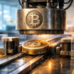A heavy industrial press stamped with the Bitcoin logo slams a coin on rails, symbolizing the $100k price magnet and violent whipsaws driven by a short gamma zone