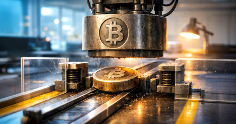 A heavy industrial press stamped with the Bitcoin logo slams a coin on rails, symbolizing the $100k price magnet and violent whipsaws driven by a short gamma zone