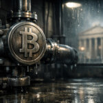 Industrial pipes stamped with a Bitcoin symbol drip in a dark corridor as a government building looms, reflecting market plumbing shifts after tariffs and sudden crypto resilience