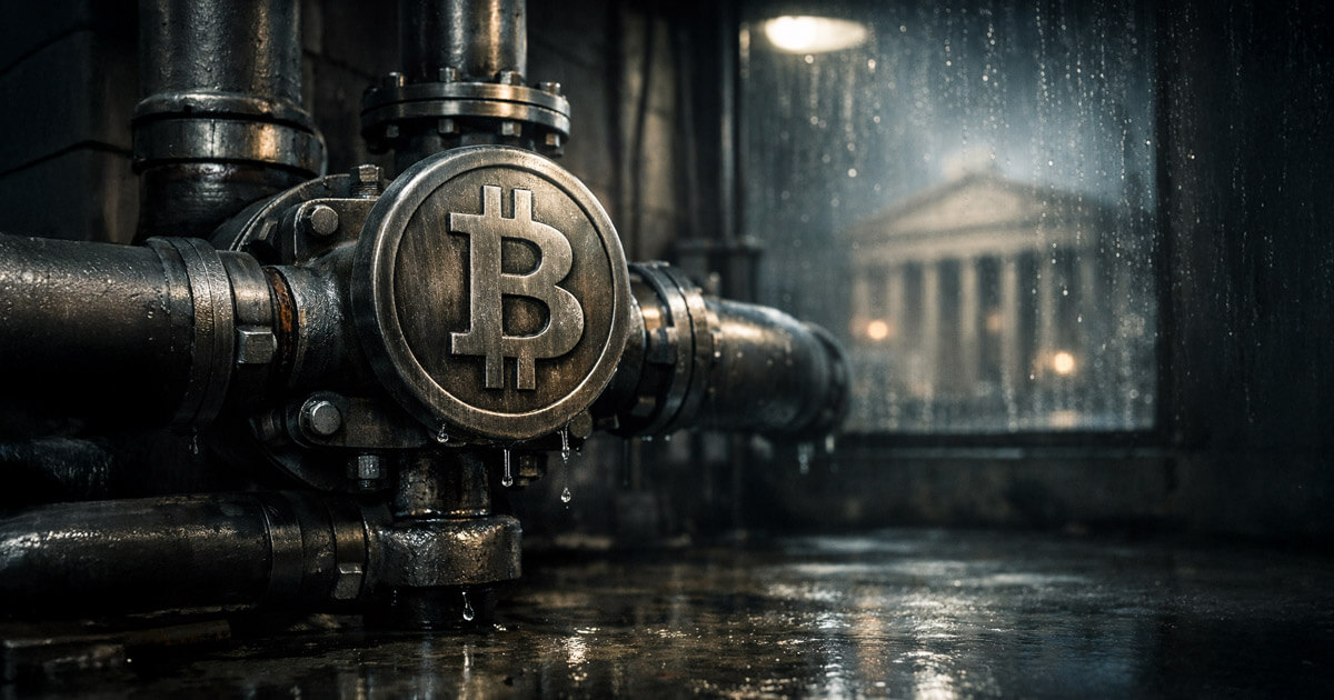 Industrial pipes stamped with a Bitcoin symbol drip in a dark corridor as a government building looms, reflecting market plumbing shifts after tariffs and sudden crypto resilience